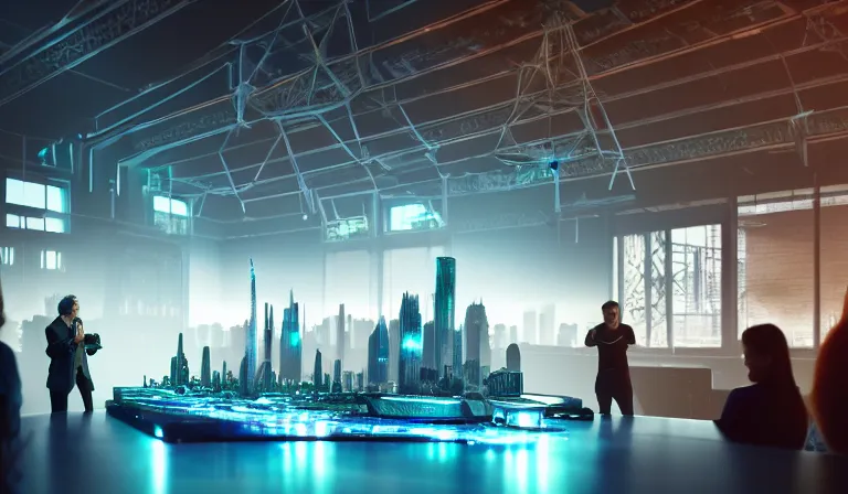 Image similar to group of people in simple warehouse, looking at hologram of futuristic city on a table, cinematic concept art, godrays, golden hour, natural sunlight, 4 k, clear details, tabletop model buildings, center model buildings, hologram center, crane shot, crane shot, crane shot