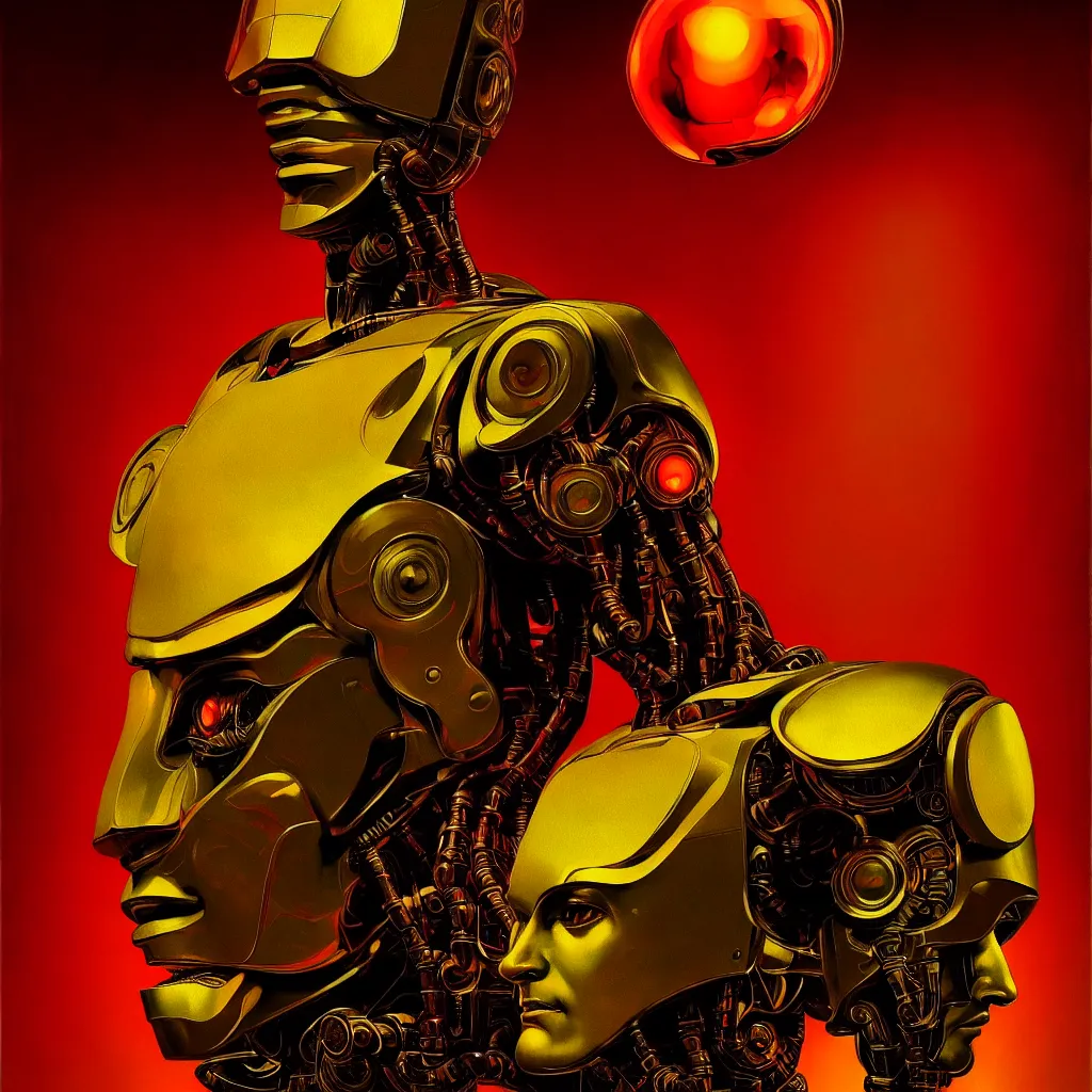 Image similar to cinematic bust portrait of psychedelic god robot from left, head and chest only, robotic improvements, part of Moebius, part of maxfield parrish, part of Thomas Ehretsmann,, oil on canvas, masterpiece, trending on artstation, cinematic composition, dramatic pose, beautiful lighting, sharp, details, hyper-detailed, volumetric lighting 4K