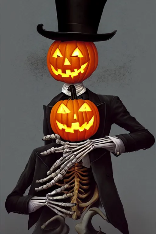 Prompt: portrait of a skeleton with a top hat holding a jack - o - lantern, halloween night, charlie bowater, artgerm, ilya kuvshinov, krenz cushart, ruan jia, realism, ultra detailed, 8 k resolution