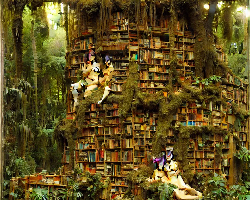 Prompt: a bookshelf in the rainforest by sir lawrence alma - tadema. hyperdetailed, proportional, romantic, enchanting, achingly beautiful, graphic print, trending on artstation, jungle, tropical, foliage