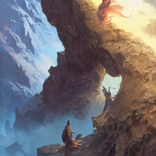 Image similar to angel protecting man falling from a cliff, detailed intricate ink illustration, happy atmosphere, detailed illustration, hd, 4k, digital art, overdetailed art, by greg rutkowski, by loish, complementing colors, Trending on artstation, movie poster style