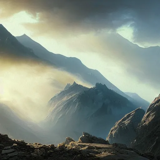 Prompt: oil painting of cinematic mountains of kashmir with a cloudy sky filled with swirling fog, Greg Rutkowski, morning lighting, mystical, fantasy