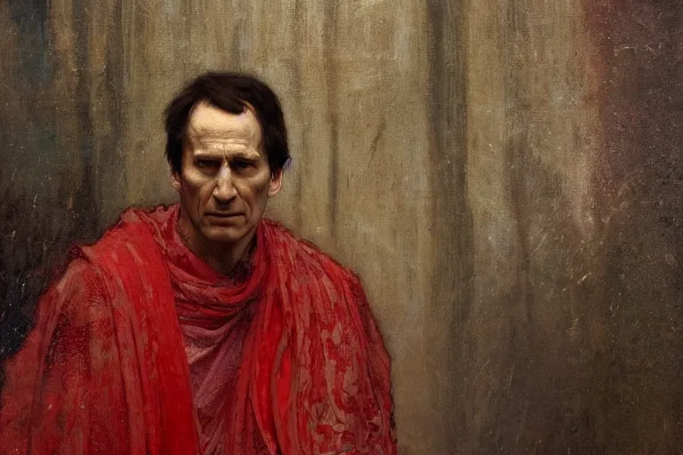 Image similar to the end is near. a tired julius caesar is sitting on a throne. face is highly detailed. splices of red are running down his toga. mist. low angle close - up shot. dark background. soft light. imagined by jeremy lipking and alphonse mucha