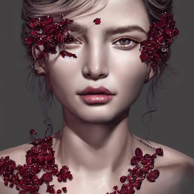 Image similar to studio portrait of absurdly beautiful, elegant, young woman made of rubies, ultrafine hyperrealistic detailed face illustration by kim jung gi, irakli nadar, intricate linework, sharp focus, bright colors, matte, octopath traveler, final fantasy, unreal engine highly rendered, global illumination, radiant light, intricate environment