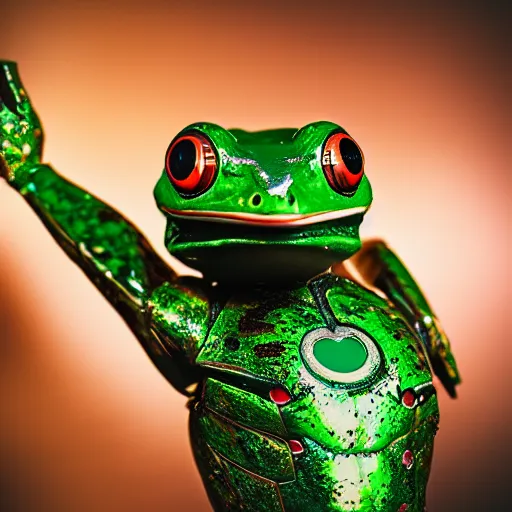 Prompt: frog with iron man armour 4 k photography