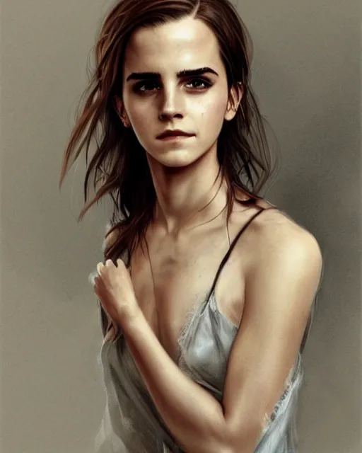 Image similar to clear portrait of emma watson, somber appearance, ripped clothing, looking her shoulder, background hyper detailed, character concept, full body, dynamic pose, intricate, elegant, highly detailed, digital painting, artstation, concept art, smooth, sharp focus, illustration, art by artgerm and greg rutkowski and alphonse mucha