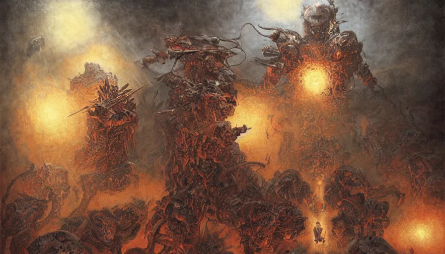 Image similar to robocop fighting demons in hell by agostino arrivabene