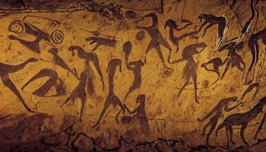Prompt: a photo of neolithic cave painting of patapons fighting a giant bird, 4 k, history channel, japan studio game, art by rolito, high quality