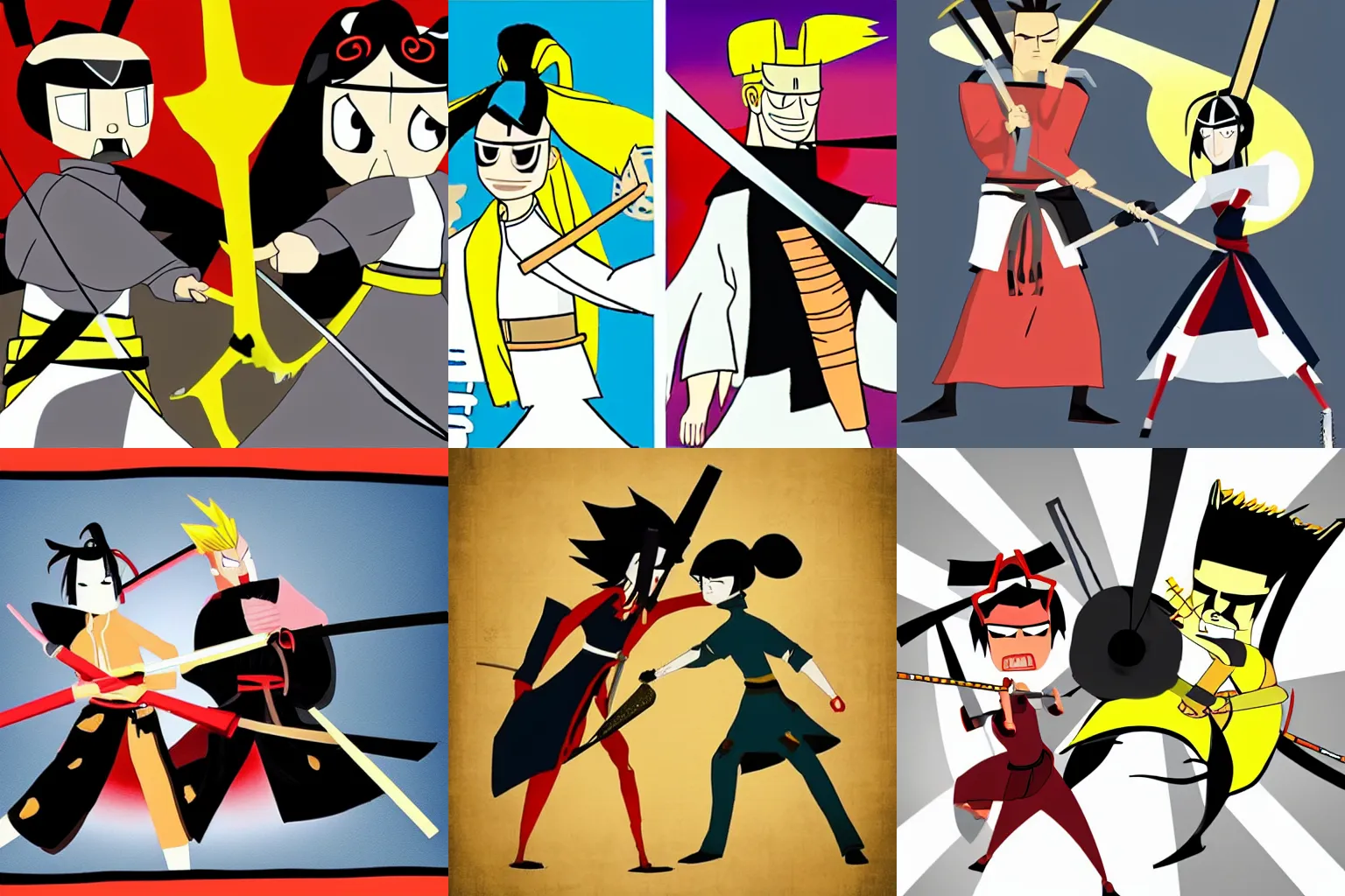 Prompt: a duel between samurai jack and Beatrix kiddo, in the style of samurai jack