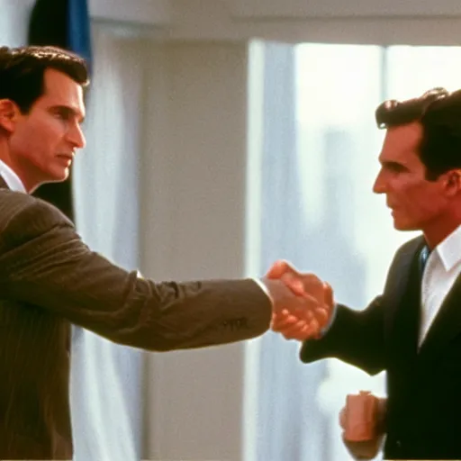 Prompt: patrick bateman shaking hands with joe biden.