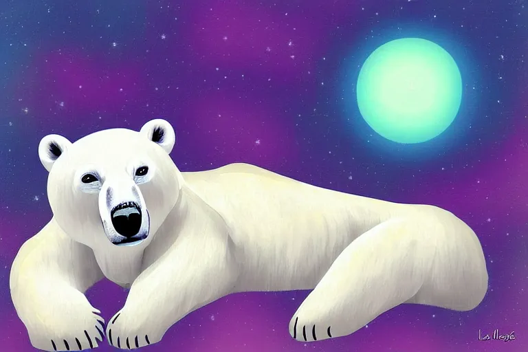 Prompt: a relaxed polar bear looking to the sky by lisa frank, digital art,