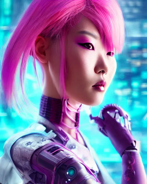 Image similar to portrait of a beautiful asian woman with pink hair as a cyberpunk cyborg half robot, sci - fi, missing panels, intricate abstract upper body intricate artwork, concept art, octane render, deviantart, cinematic, key art, hyperrealism, iridescent accents, portrait photograph, nikon 3 5 mm, photograph by greg rutkowski