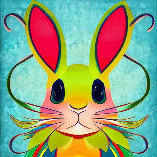 Image similar to portrait friendly cute happy stylish realistic rainbow rabbit. background in the style of art nouveau. lively. colorful. hd.