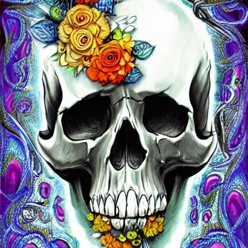 Prompt: a skull with floral accents by android jones