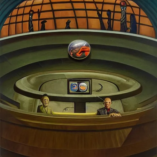 Image similar to portrait of an evil mastermind inside a dome - shaped control center, evil lair, pj crook, grant wood, oil on canvas