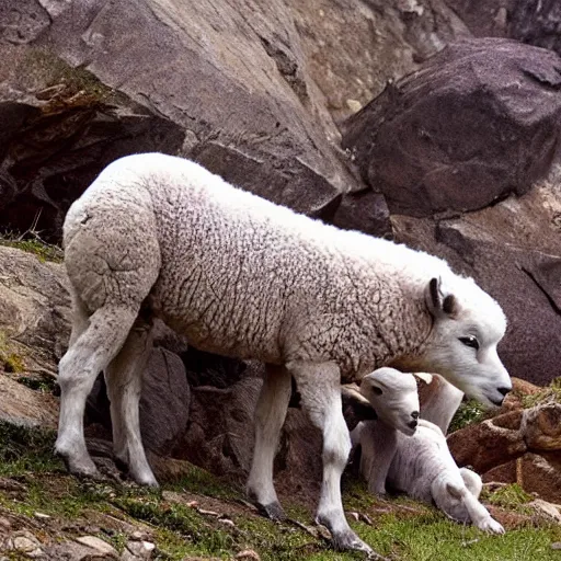Prompt: when the lambs is lost in the mountain they is cry. sometime come the mother. sometime the wolf