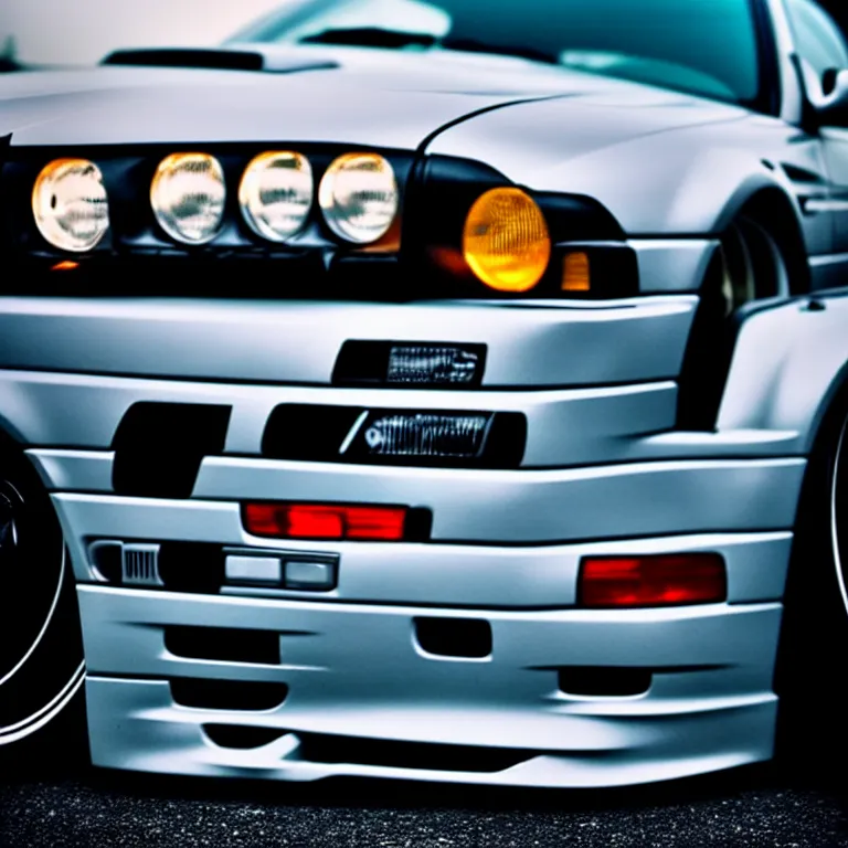 Image similar to close-up-photo BMW E36 turbo illegal meet, work-wheels, Gunma prefecture, misty at night, cinematic color, photorealistic, high detailed deep dish wheels, highly detailed, custom headlights, subtle neon underlighting