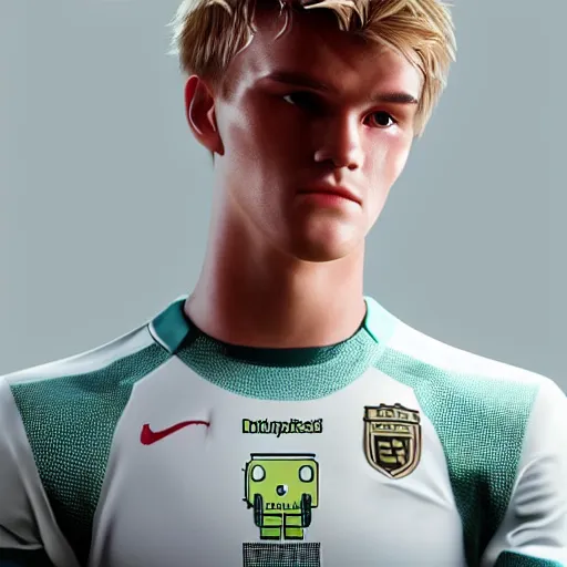 Image similar to a realistic detailed photo of a guy who is an attractive humanoid who is half robot and half humanoid, who is a male android, soccer player martin ødegaard, shiny skin, posing like a statue, blank stare, in a living room, on display