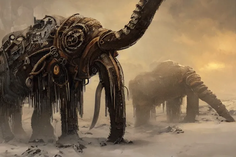 Image similar to a giant steampunk mammoth, post - apocalyptic ice landscape in snowstorm, concept art by hr giger, artstation, highly detailed, digital art