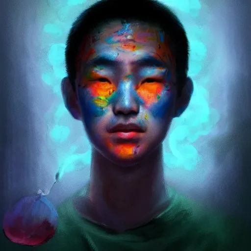 Image similar to colorful character portrait of a chinese prisoner at night lit by the stars, wispy smoke, highly detailed face, very intricate, symmetrical, cinematic lighting, award - winning, painted by mandy jurgens, peter doig, dystopian, bold colors, dark vibes, anime aesthetic, featured on artstation