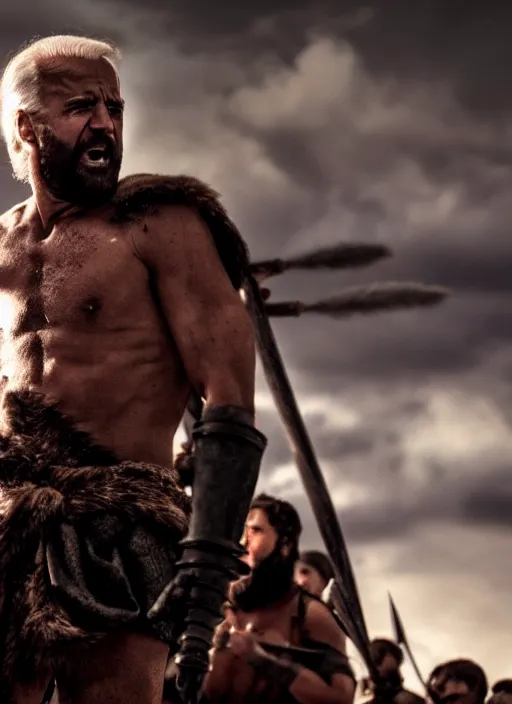 Image similar to cinematic film still of joe biden as leonidas shouting in 3 0 0 movie, 8 k, epic moody sky, dramatic lighting