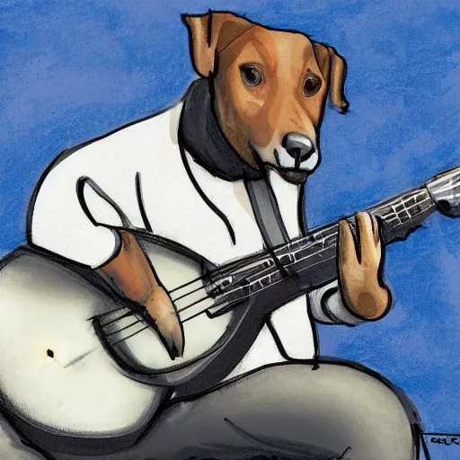 Prompt: concept art of a black mouth cur playing guitar