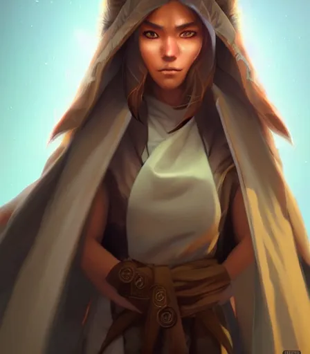 Prompt: beautiful portrait of a female anthro coyote wearing jedi robes. character design by charlie bowater, ross tran, artgerm, and makoto shinkai, detailed, soft lighting, rendered in octane
