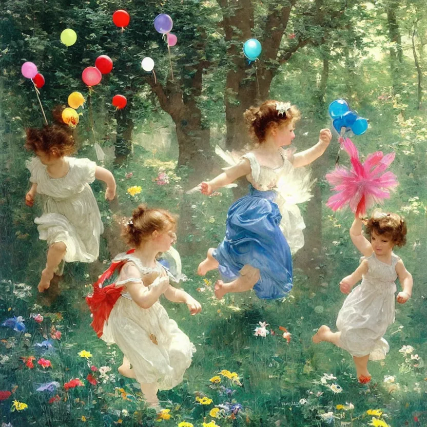 Image similar to idyllic cute toddler children with iridescent wings running through whimsical forest landscape with lollypops, streamers, balloons, blue sky, flowers. dreamlike fantasy painting by norman rockwell, bouguereau. trending on artstation.