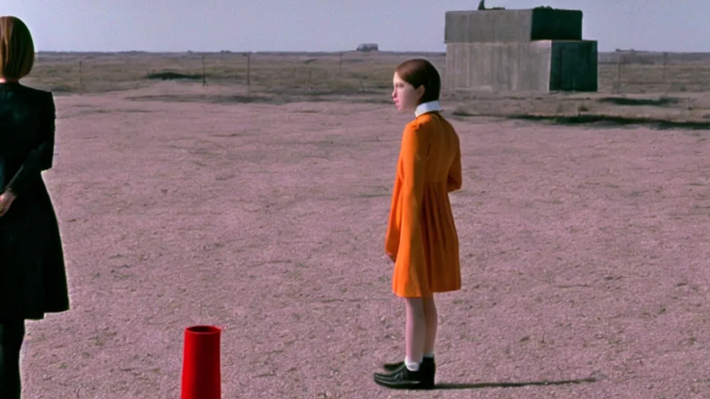 Image similar to A girl in a mod dress confronts the void, Film still from Wes Anderson, wide lens