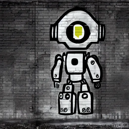 Prompt: chappie robot color graffiti, black and white zef design graffiti on the wall, dark lighting, digital art