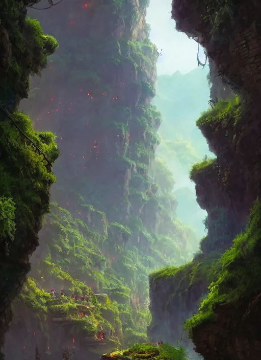 Image similar to medieval city built on terraces in a gigantic canyon, lots of buildings connected by hanging bridges, waterfalls, warm glow coming the ground, lush vegetation, pitchblack sky, extremly detailed digital painting, in the style andreas rocha and greg rutkowski, colors by peter mohrbacger, rim light, beautiful lighting, 8 k, stunning scene, octane, trending on artstation