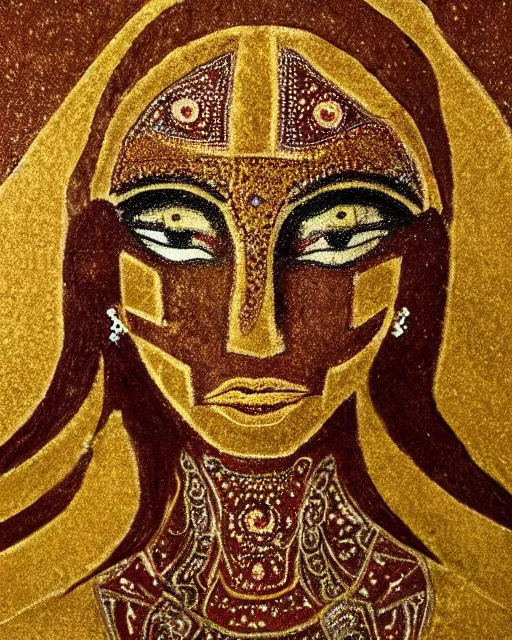 Image similar to sand painting portrait of woman in shining golden armor, high production value, intricate details, high resolution, hdr, high definition, masterpiece, realistic, ultrarealistic, highly detailed, hd, sharp focus, non blurry, sharp, smooth