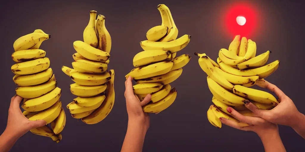 Prompt: two hands, each holding two bananas, each touching a banana on top, then touching a banana on bottom. each banana has a yellow light on top. the bananas are yellow, and there is a red light as the color of bananas, fantasy art, artstation, trending, ultra detailed, emotional