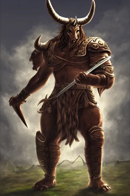 Prompt: Giant horned minotaur warrior wielding a sword and shield, leather armor, full body, muscular, dungeons and dragons, high quality, realistic, digital painting