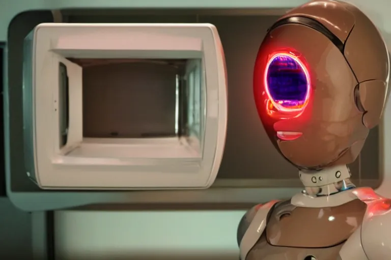 Image similar to humanoid robot sticking her head inside of a microwave, from 1985, bathed in the glow of a crt television, low-light photograph, in the style of jack bridgeland