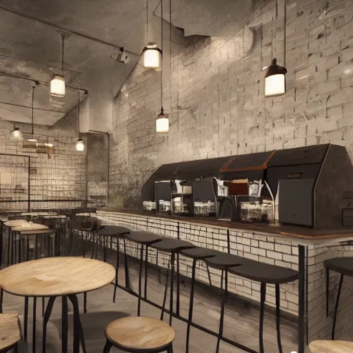Image similar to cafe interior, industrial effect, ultra realistic, octane render.