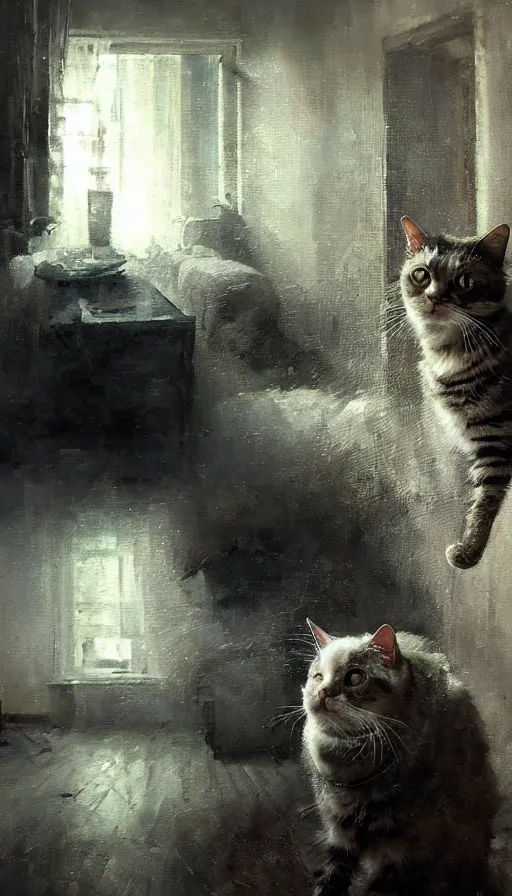 Image similar to a dramatic portrait of a cat inside a modern apartment, intricate oil painting, hyperdetailed, ethereal, cinematic, dramatic lighting, by jeremy mann and julius adam ii