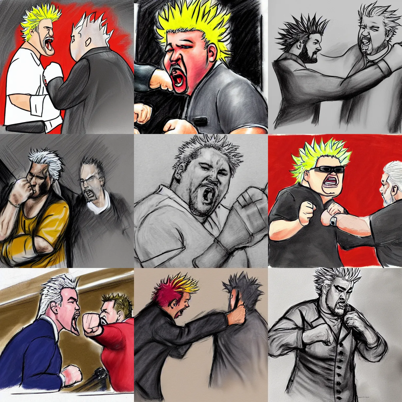 Prompt: Guy Fieri punching the plaintiff, court room sketch, dramatic