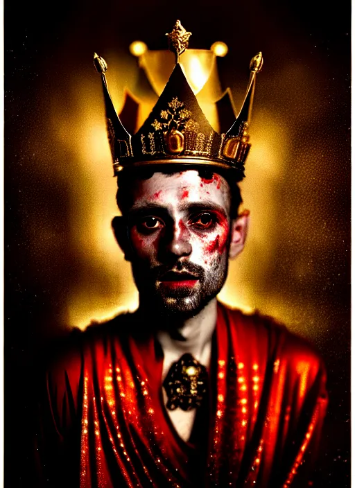 Image similar to 'Portrait of Crowned King Arthur' by Lee Jeffries royally decorated, whirling plasma, atmospheric motes, red and gold Sumptuous garb, gilt silk fabric, radiant colors, fantasy, perfect lighting, studio lit, micro details,