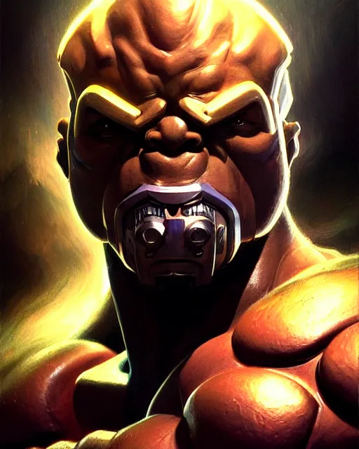 Prompt: doomfist from overwatch, elegant, confident, smug, ripped, buff, strong, fantasy, fantasy art, character portrait, portrait, close up, highly detailed, intricate detail, amazing detail, sharp focus, vintage fantasy art, vintage sci - fi art, radiant light, caustics, by boris vallejo