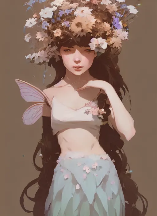 Prompt: portrait of cute fairy girl with crown of flowers fantasy, by atey ghailan, by greg rutkowski, by greg tocchini, by james gilleard, by joe gb fenton, by kaethe butcher, dynamic lighting, gradient light blue, brown, blonde cream and white color in scheme, grunge aesthetic