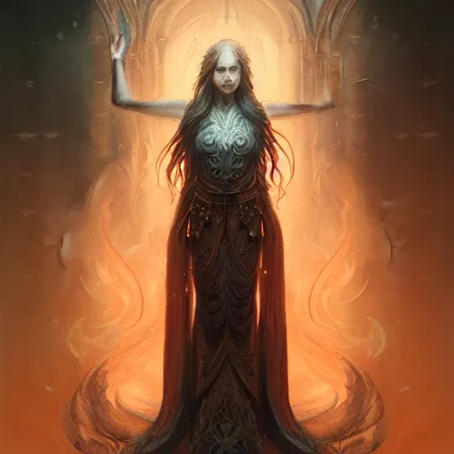 Image similar to Priestess, female, fantasy, flames, frost, dramatic, intricate, elegant, highly detailed, digital painting, artstation, concept art, smooth, sharp focus, illustration, octane render, art by Leesha Hannigan, Ross Tran, Thierry Doizon, Kai Carpenter, Ignacio Fernández Ríos