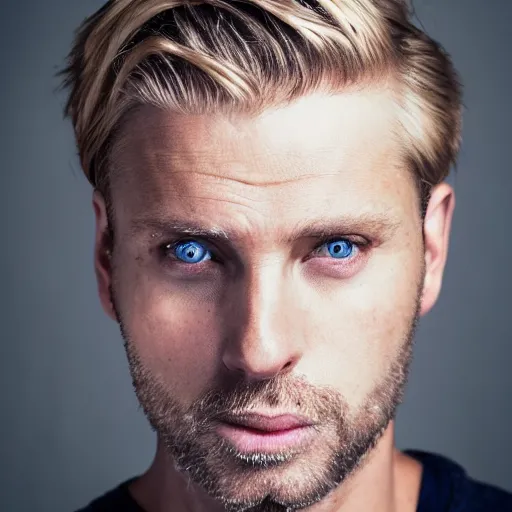 Image similar to close up of face of good looking 4 0 year old anglo slavic blond man with blond stubble, very short wavy blond hair in a short pompadour style, very dark blue eyes, portrait, 4 k