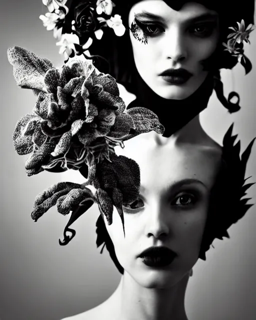 Image similar to a black and white high quality dreamy photo of a young beautiful female queen-dragon-vegetal-flower-cyborg bust with a very long neck, elegant, highly detailed, poetic, soft, dreamy, mysterious, high fashion, rim light, in the style of Ellen von Unwerth, Realistic, Refined, Digital Art, Highly Detailed, Cinematic Lighting, rim light, black and white, photo-realistic, 8K