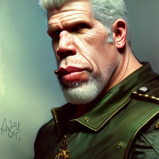 Image similar to full portrait of ron perlman as colonel wednesday bologna, fantasy, d & d, intricate, detailed, by by alphonse mucha, adolfo hohenstein, alice russell glenny, stanley artgerm lau, greg rutkowski, detailed, trending on artstation, trending on artstation, smooth