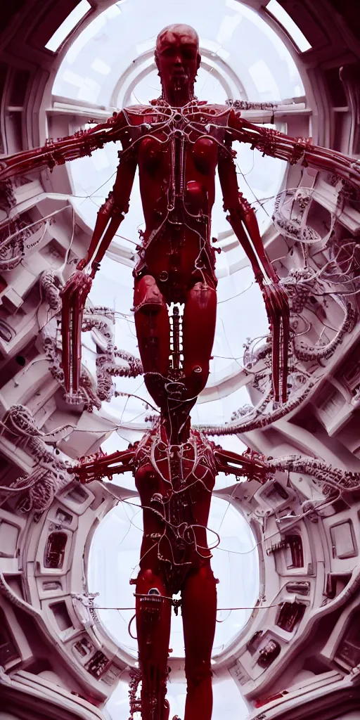 Image similar to high detailed white space station interior a statue jesus on cross made of red marble, perfect symmetrical body, full body shot, inflateble shapes, wires, tubes, veins, jellyfish, white biomechanical details, wearing epic bionic cyborg implants, masterpiece, intricate, biopunk, vogue, highly detailed, artstation, concept art, cyberpunk, octane render