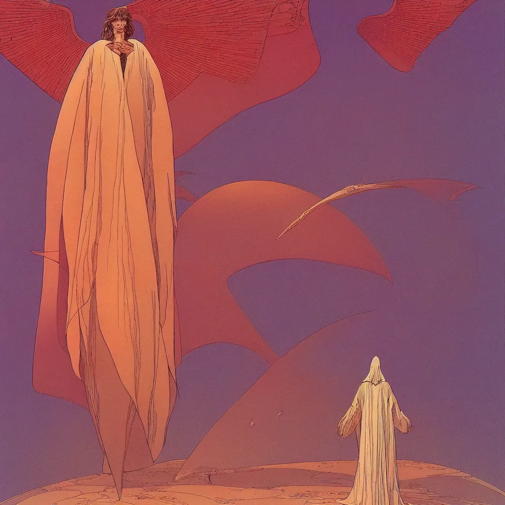 Prompt: centered portrait of illustration, a person with a short cloak traveling in a space ship, volumetric, angel, awesome scheme, intrincate, art by jean giraud and moebius