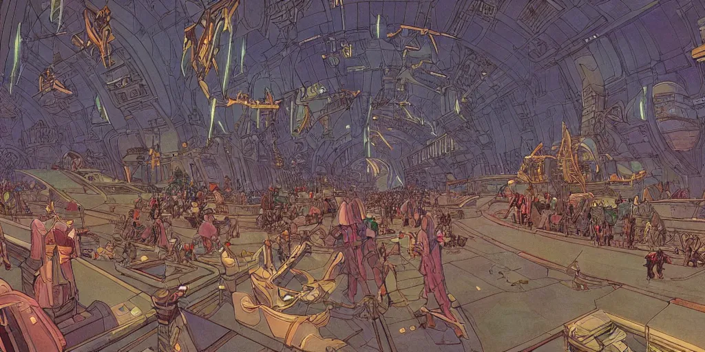 Image similar to cel shaded cinematic shot of the interior of a sci-fi space station with ornate Elven architecture bustling with people, epic castle, emerald, crystalline, detailed illustration, sharp focus, concept art by Moebius, Jean Giraud Moebius