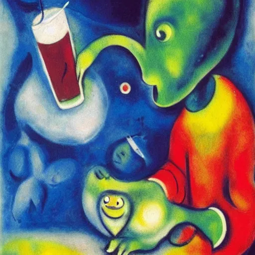 Prompt: an alien drinking horchata, detailed, painting by marc chagall