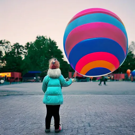 Image similar to a girl holding a balloon at a fairground. buildings with graffiti. dusk. photograph in the style of simon stalenhag